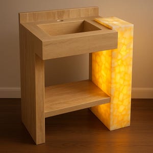 May include: A modern bathroom vanity with a built-in sink and a lower shelf. The vanity is made of light-colored wood and features a side panel with a mosaic of illuminated yellow-orange stones. The sink has a rectangular basin.