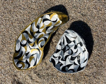 Swirling Silvers and Golds Hand-painted Shells (Set of 2)