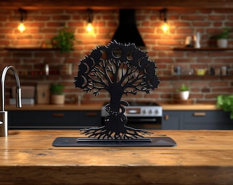 3D Printed Tree of Life Wall Art with Serpent | Moon Phases Spiritual Decor