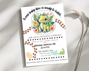 May include: A baby shower invitation with a green dinosaur illustration. The invitation reads "A new baby dino is ready to hatch... and you're invited to celebrate! Join us for a baby shower on Saturday, September 28th at 1:00 PM. The Smith's Nest 1234 Somewhere Pl City, ST 12345 Rachel and Mike Smith are registered at Target, Amazon, and Babylist"