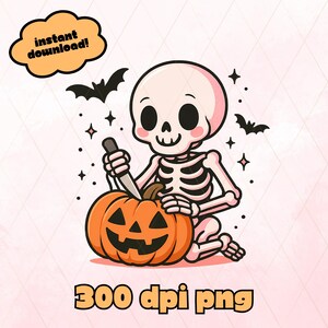 Cute Skeleton Carving Pumpkin PNG, Funny Halloween Sublimation Design, Spooky Season, Skeleton Clipart, Transparent, Instant Download