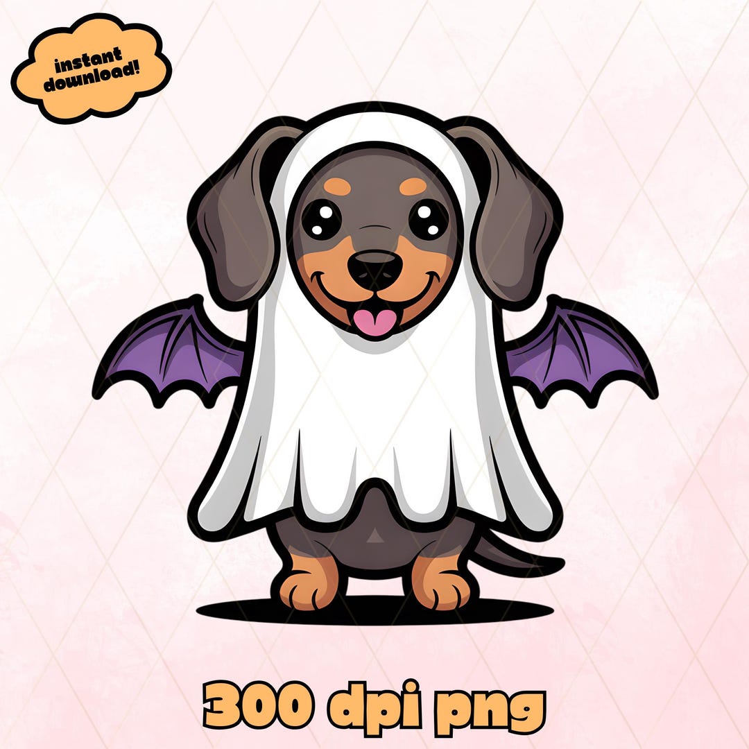 Cute Cartoon Dachshund Dog Ghost With Bat Wings PNG – Kawaii Halloween ...