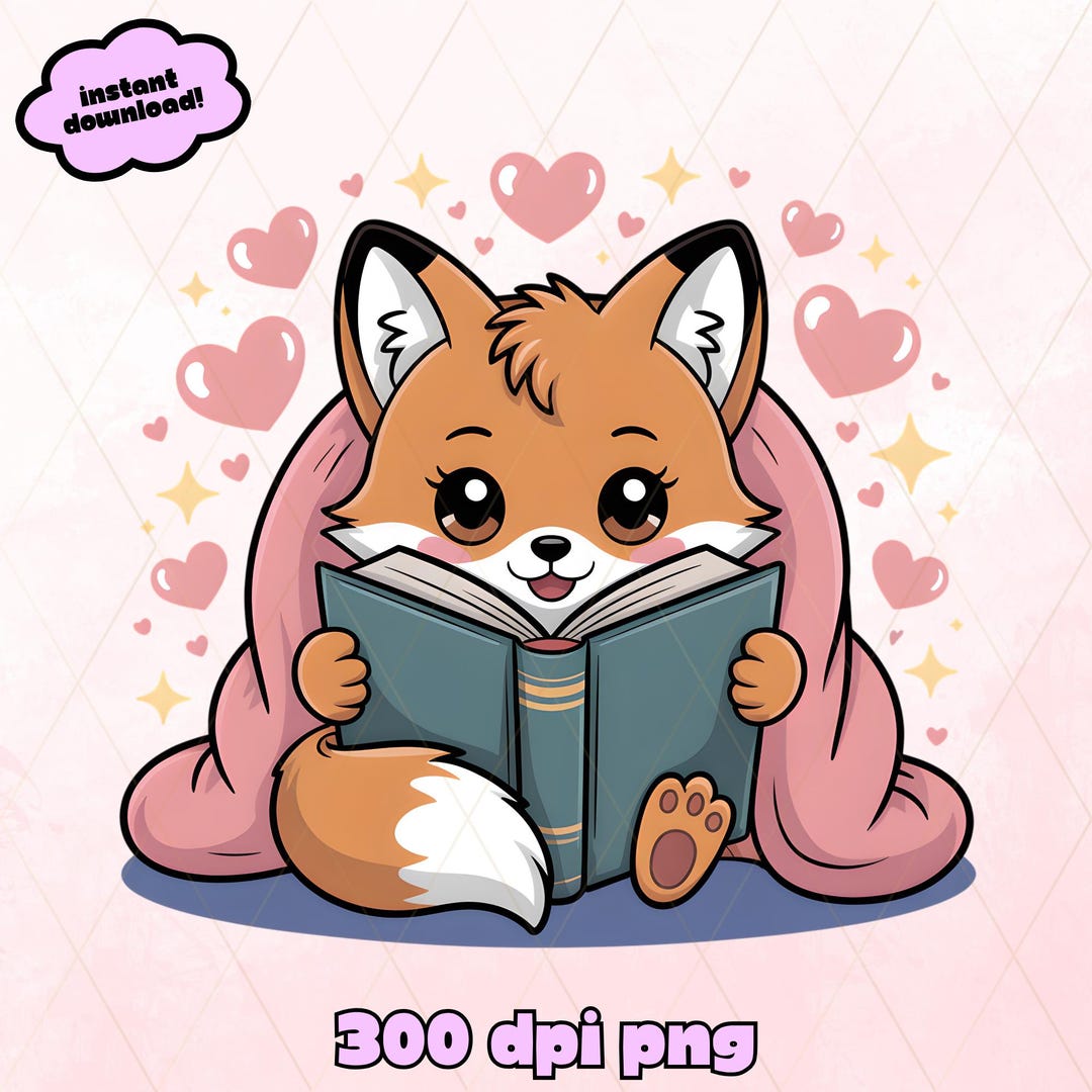 Cute Fox Reading PNG, Cozy Forest Animal Clipart for Bookworms, Kawaii ...