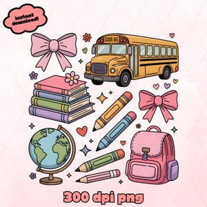 Back to School PNG, Cute Coquette Clipart with Pink Bows, Crayons, Books and Backpack, Soft Classroom Aesthetic for Girls