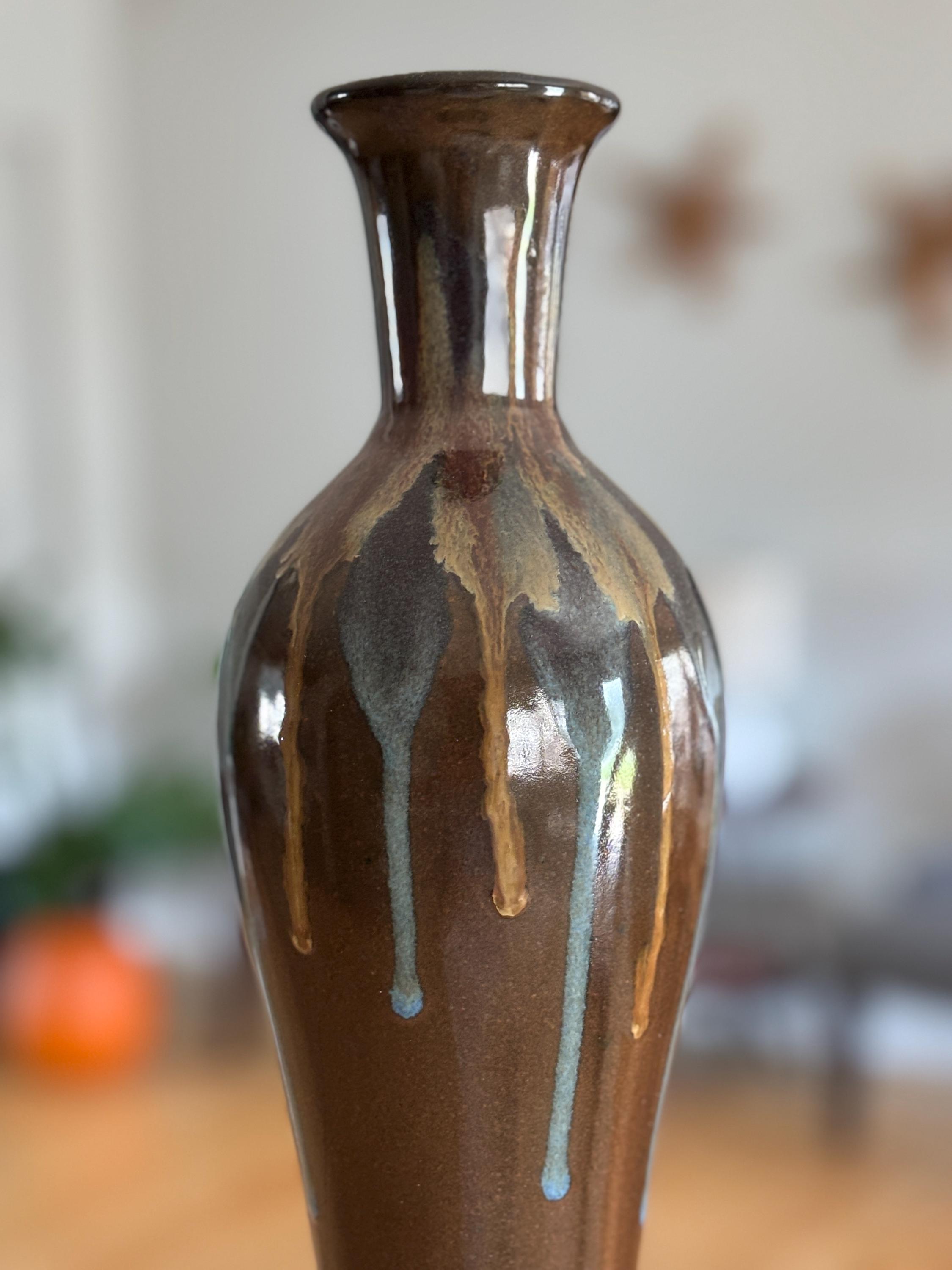 Studio Pottery Vase – Blue & Beige Drip Glaze on Glossy Brown Stoneware ...