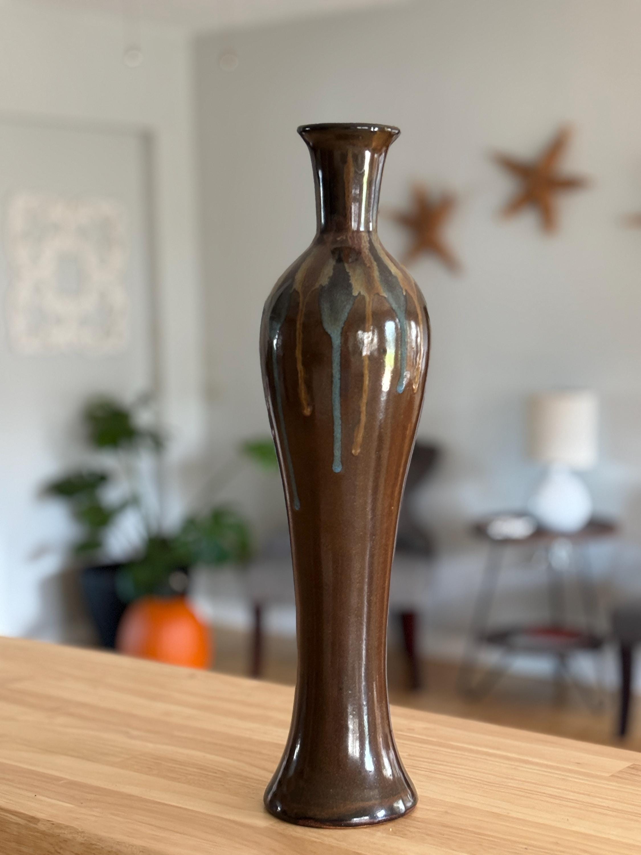 Studio Pottery Vase – Blue & Beige Drip Glaze on Glossy Brown Stoneware ...
