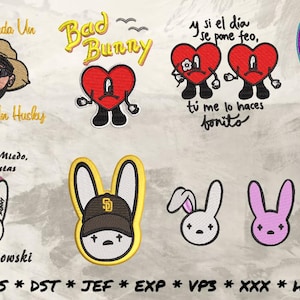 May include: Embroidered patches with Bad Bunny-themed designs. Includes a portrait, heart characters, and bunny faces with text like "Bad Bunny" and "Mike Wazowski". The patches are in various colours and styles.