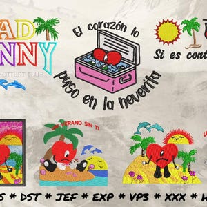 May include: Embroidered patches with Bad Bunny designs. The patches include text that says "BAD BUNNY WORLD'S HOTTLEST TOUR", "El corazón lo puso en la neverita", and "Si es contigo mejor". Other patches feature a heart character on a beach.