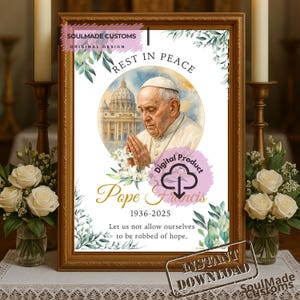 RIP Papa Francesco Bundle 5 x Arte commemorativa digitale, versione inglese | File PNG commemorativi religiosi | Download digitale della sala di preghiera