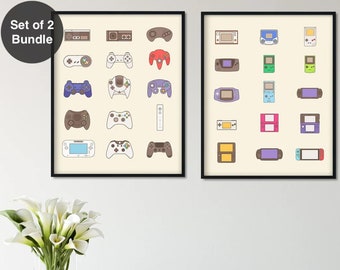 Video Game Room Decor (Set of 2 Bundle)  |  Video Game Art  Handheld and Controller Evolution