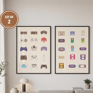 May include: A set of two framed wall art prints featuring a collection of illustrated video game controllers and handheld gaming consoles in various colors, arranged in a grid pattern on a light beige background with black frames.