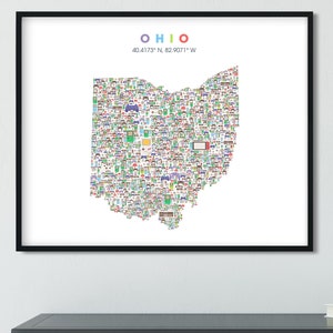 Affiche artistique de la carte de l'État de l'Ohio réalisée avec des consoles de jeu rétro : parfaite pour toutes les salles de jeux