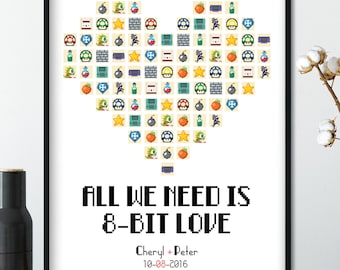 Personalized  Video Game Pixel Wall Art, Custom Relationship Gift Poster (You pick the Pixel graphics and text )