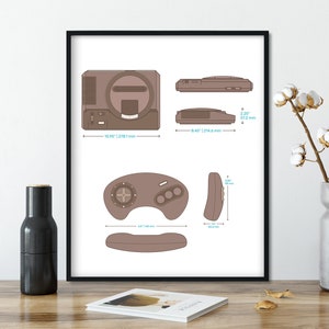May include: A line drawing of a Sega Genesis console in brown with dimensions labeled in inches and millimeters. The drawing shows the console from the front, side, and top views. A matching controller is also shown from the front and side views with dimensions labeled in inches and millimeters.