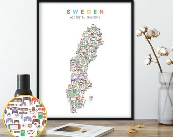 Sweden video game Map, Man cave Wall Art Print, Sweden Neighborhood Map, Sweden Gift, Sweden Poster, Sweden Art Print