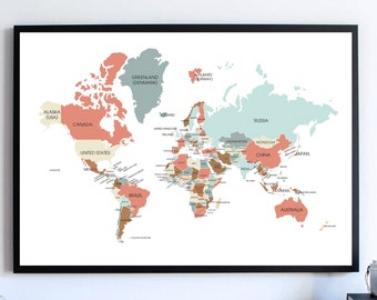 World map labeled, World Map Wall ART PRINT, Travel map