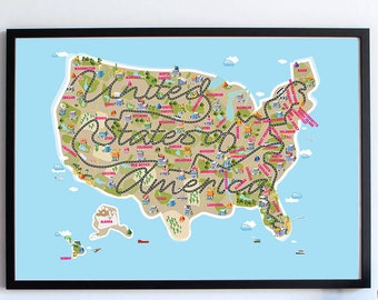 Cute Kids Room Decor USA Map, Nursery Map, United States of America Road Trip Poster Wall Art Print, Where To Next Home Decor