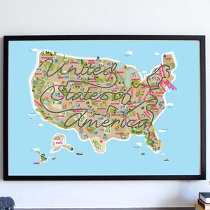 Cute Kids Room Decor USA Map, Nursery Map, United States of America Road Trip Poster Wall Art Print, Where To Next Home Decor
