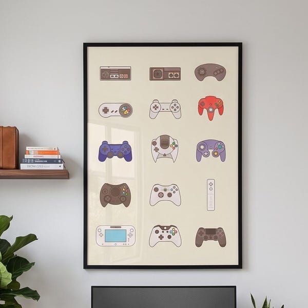 Retro Game Controller Art Print, Vintage Console Wall Decor, 8x10 to 24x36
