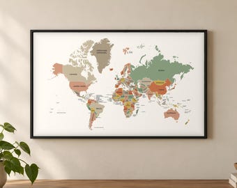 World Map Wall Art, Large Poster, Canvas or Framed Map of the World in Earth Tone, Sage, Patina Blue or Black and White