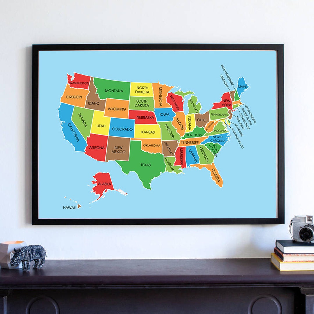 US Travel Map Wall Art Print, Colorful Usa Map, Large USA Map, 50 ...