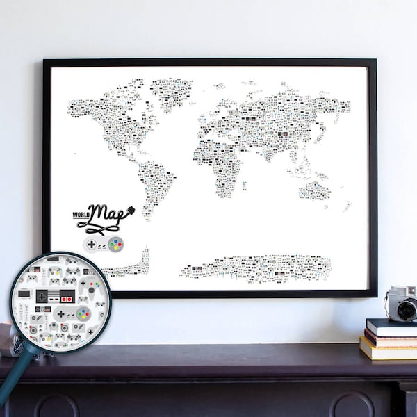 Gaming Poster World Map, Video Game Decor, Game Controller, Video Game Poster Gift, Nintendo Man Cave World Map, Dorm Room Wall Art Decor