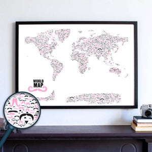 Mustache Poster, Moustache Art Print, Pink Moustache Poster, Hipster Map, Mustache Print Movember World Map, Man Cave Decor, Gift for Him
