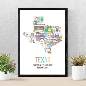 Gepersonaliseerde gameposter TEXAS-kaart - uniek cadeau voor man, vriend, vriendin of vrouw van de gamer. Perfect valentijnscadeau voor gamers