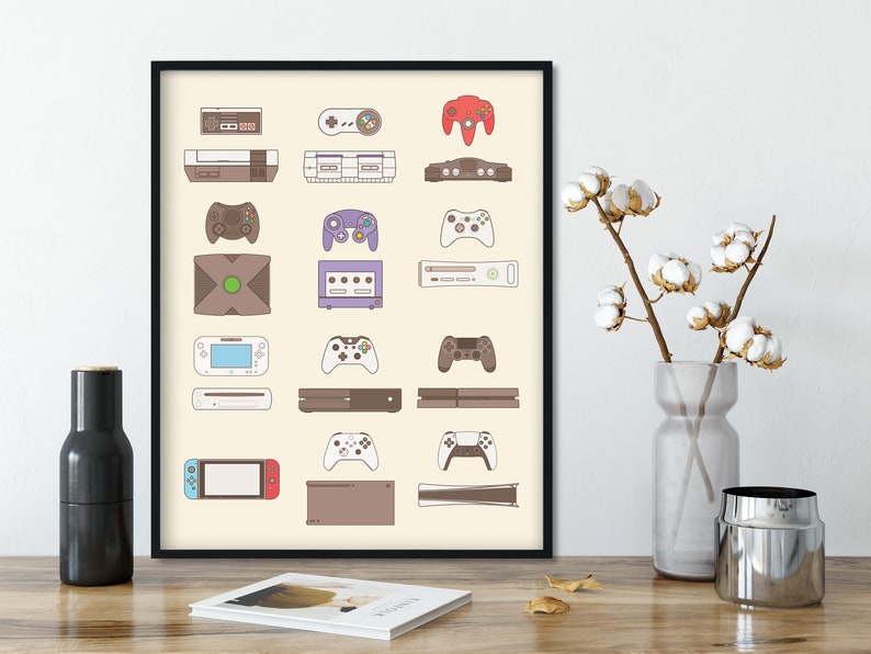 Console Video game poster, Video Gamer Art Print, Game Controllers Poster, Man Cave Decor, Video Game Decor Art, Gamer Birthday Gift Decor Beige