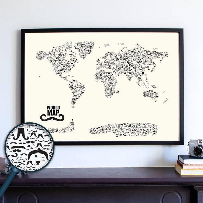 Mustache World Map Wall Art Print, Stache, Nautical Gifts, Travel Gifts For Her, Travel Gifts For Him, Movember, Handlebar, Mustache Styles image 1