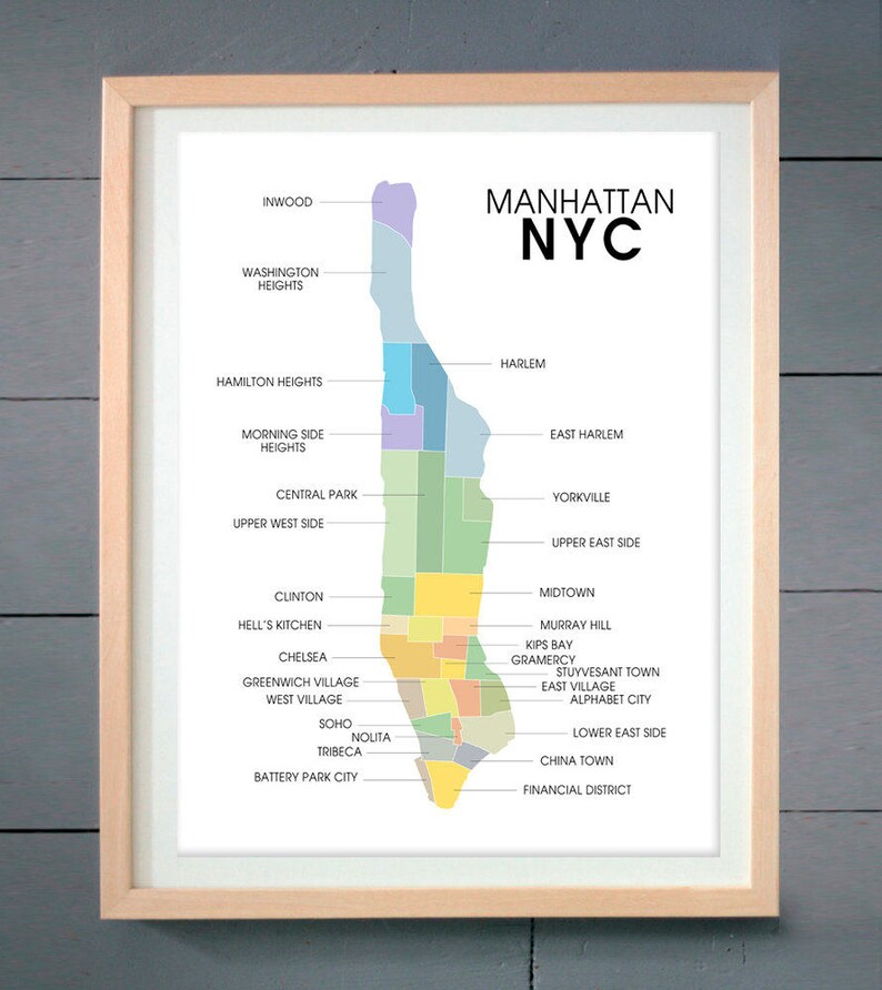 Manhattan Map Neighborhood Art Print New York City Poster Etsy Manhattan Map Neighborhood Art Print New York City Poster Etsy