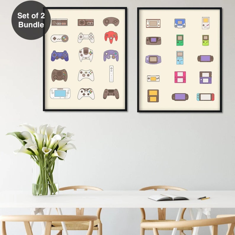 Video Game Room Decor (Set of 2 Bundle)  |  Video Game Art  Handheld and Controller Evolution 