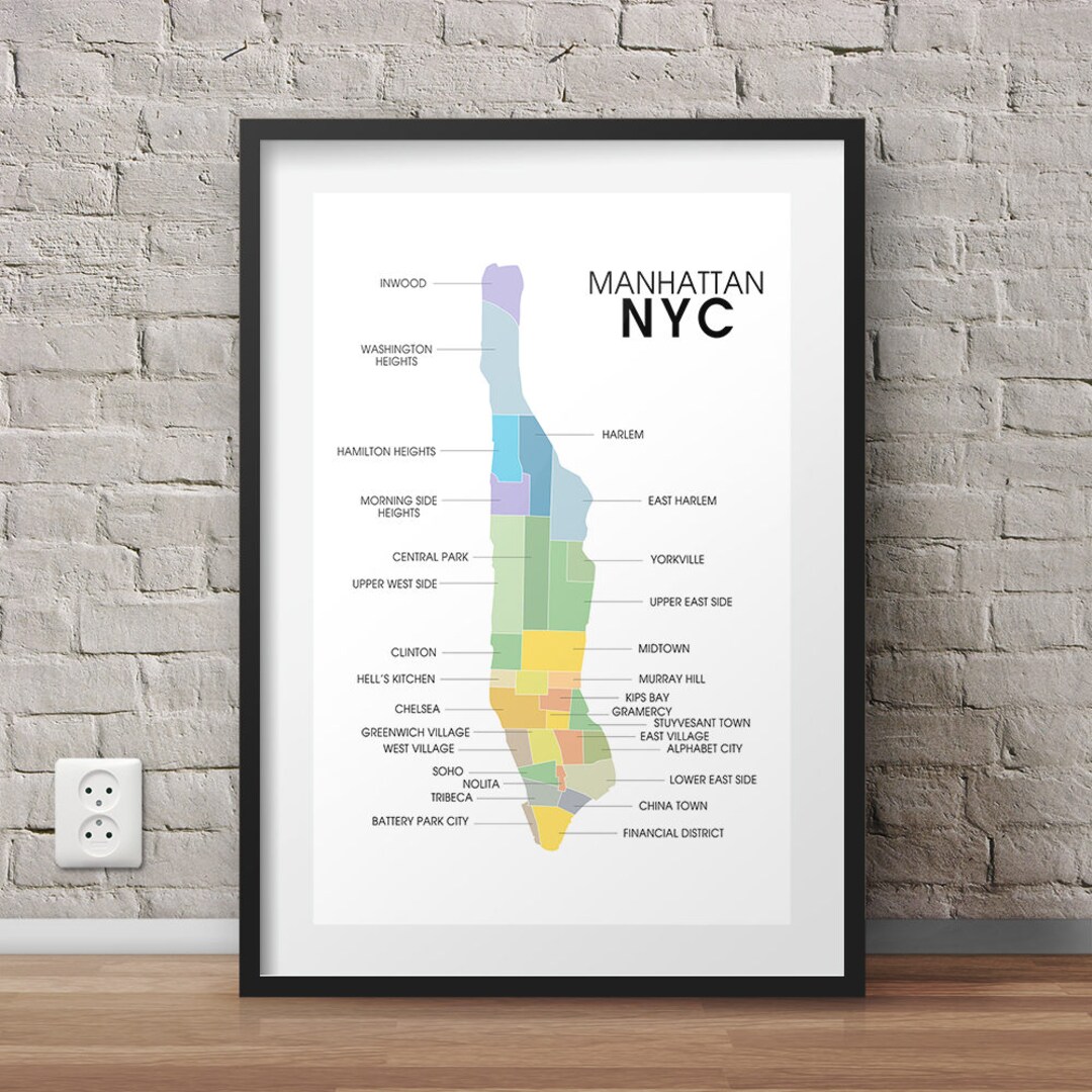 Manhattan Map Neighborhood Art Print New York City Poster Nyc Map Manhattan Map Neighborhood Art Print New York City Poster Nyc Map
