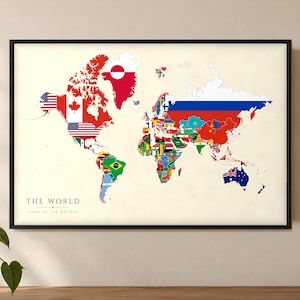 World Map with Country Flags Poster, Flags of the World, Framed or Canvas, 20x16-36x24