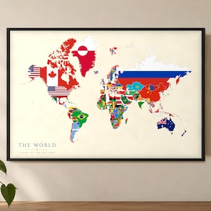 Världskarta med landsflaggor Poster, Världens flaggor, Inramad eller på canvas, 20x16-36x24