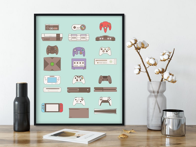 Console Video game poster, Video Gamer Art Print, Game Controllers Poster, Man Cave Decor, Video Game Decor Art, Gamer Birthday Gift Decor Light Cyan