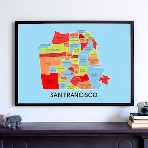 Labeled San Francisco Map Art: Bay Area Decor, Oakland, Golden Gate, West Coast and more