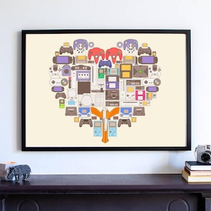 Heart-Themed Retro Gaming Poster Crafted with Game Controllers and Handheld Consoles Perfect to Show Your Love to the Gamer in Your Life