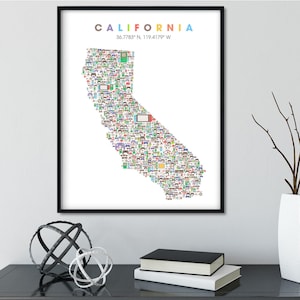 Kaart videogameposter Californië, gemaakt met controllers voor levendig gameroomdecor | Muurkunst met kaart van de buurt van Californië