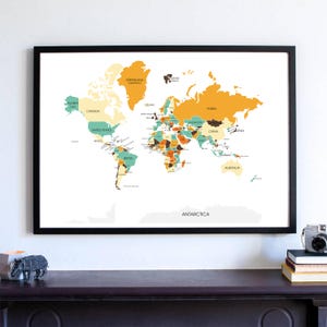 World Map Wall ART PRINT, Gift for him, gift for her, office decor, home decor, statement, Kitchen decor image 1
