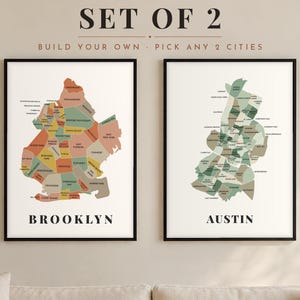 City Map Set of 2 or 3, Build Your Own Neighborhood Map Prints, Choose Your Cities, Poster, Framed or Canvas Wall Art
