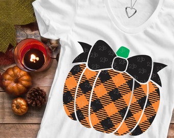 Pumpkin Svg, fall Svg, pumpkin shirt design, pumpkin with bow, Halloween, pumpkin sublimation, Buffalo Plaid, cut file, SVG DXF PNG