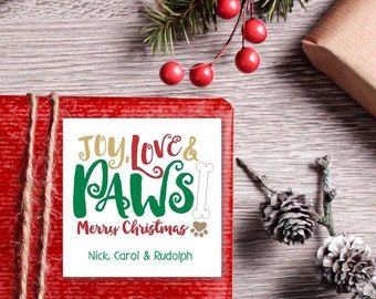 Personalized Christmas Gift Tags, Cute Christmas Calling Cards, Pet Dog JOY LOVE PAWS Stickers, Holiday Family Labels, Enclosure Cards