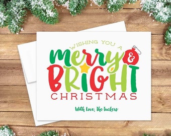 Personalized Christmas Cards, Cute Colorful Merry & Bright Christmas Notecard Set, Custom Holiday Greeting Cards, Company Christmas Cards
