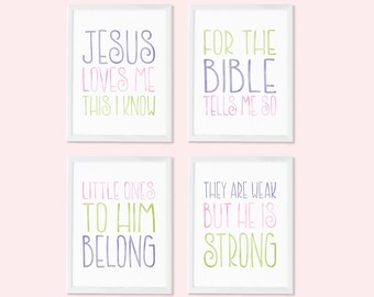 Jesus Loves Me Gallery Nursery Wall Art Prints Kids Room Decor Playroom Art, Girls or Boys Bedroom, Christian Wall Art, Set of 6 PRINTED