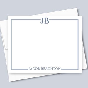 Personalized Modern Stationery for Men, Monogram Flat Notecards for Him, Custom Masculine Initials Stationary Set, blue border or pick color