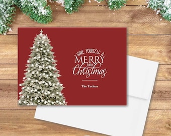 Personalized Christmas Note Cards, Watercolor Christmas Tree Notecard Set with white or brown/kraft envelopes, Custom Holiday Greeting Cards