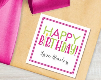 Personalized Happy Birthday Gift Tags Enclosure Cards Preppy Pink Green Square Stickers for Girls Cute Calling Cards