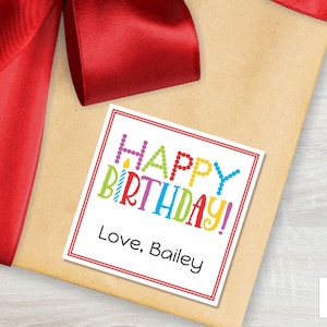 Personalized Happy Birthday Calling Cards for Kids, Colorful Square Stickers, Cute Birthday Gift Tags, Enclosure Cards or Labels