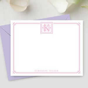 Personalized Monogram Stationery Set, Women&#39;s Monogram Notecards, Feminine Initial Flat Stationary, Custom Gift, pretty floral pink